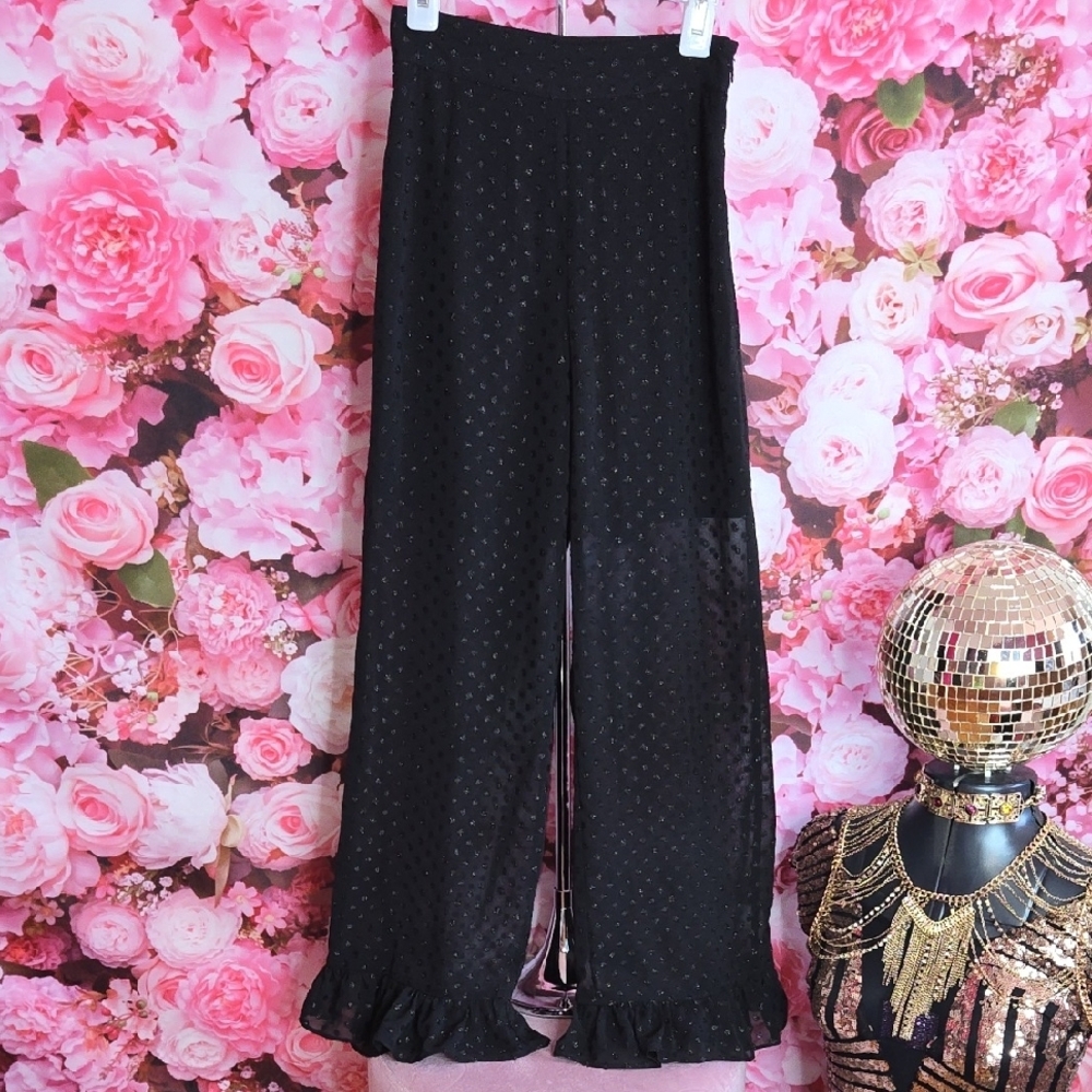 H&M NWT sheer ruffled womens pants, size 0, color black, lined with shorts